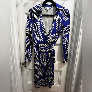 Diane Von Furstenberg Blue, Black, and White Pattern Wrap Dress